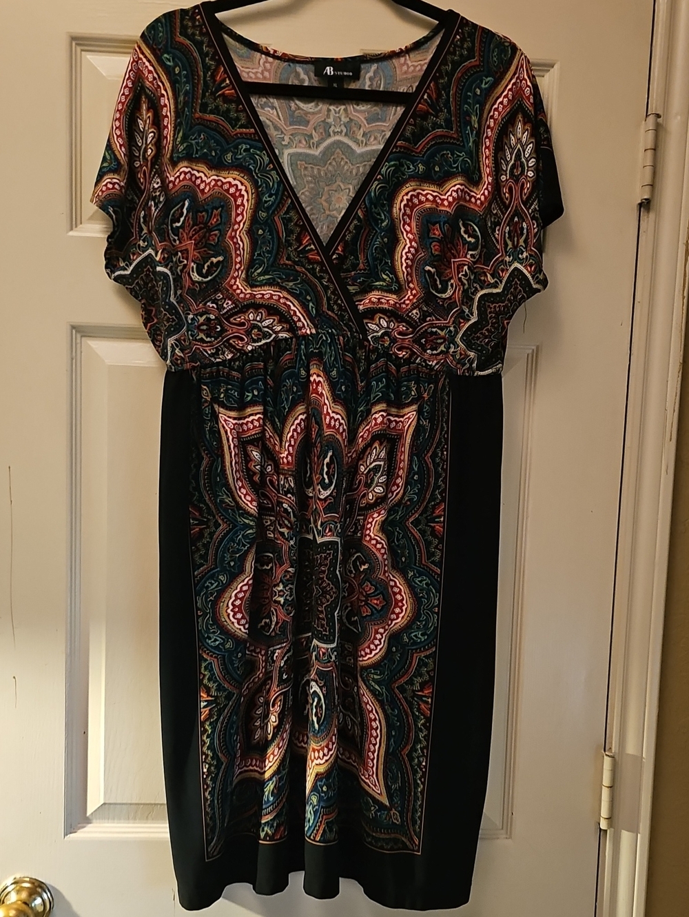 AB Studio Black Paisley-Print Wrap Dress with Teal and Pink Accents